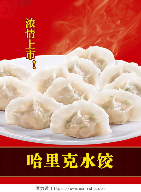 餐饮店美味饺子美食小吃红色喜庆哈里克水饺上市海报模板